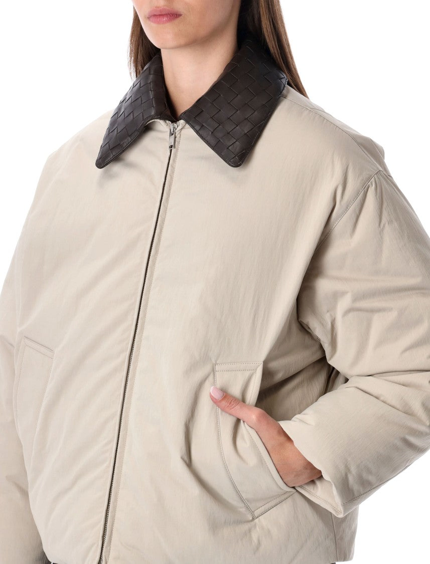 Bottega Veneta Beige Padded Bomber With Intreccio Leather Collar