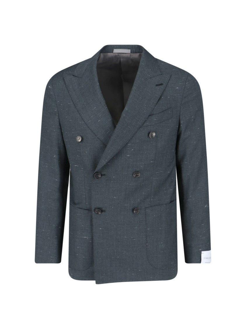 Caruso Green Double-Breasted Textured Silk-Wool Blazer