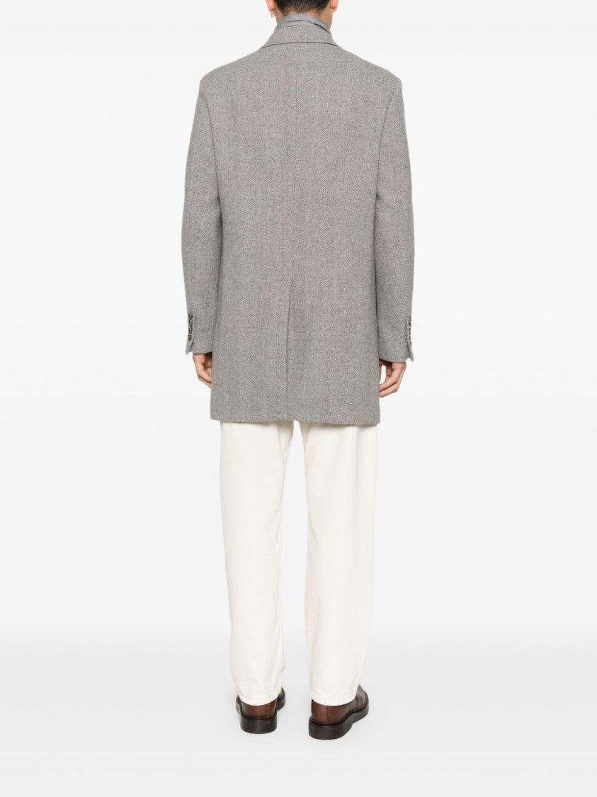 Manuel Ritz Grey Herringbone Single-Breasted Coat With Notched Lapels And Flap Pockets