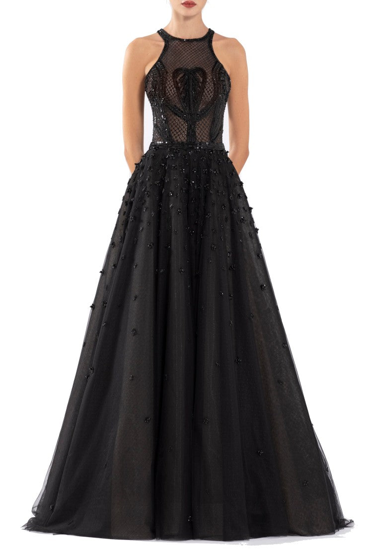 Saiid Kobeisy Tulle Beaded Dress With Halter Neckline