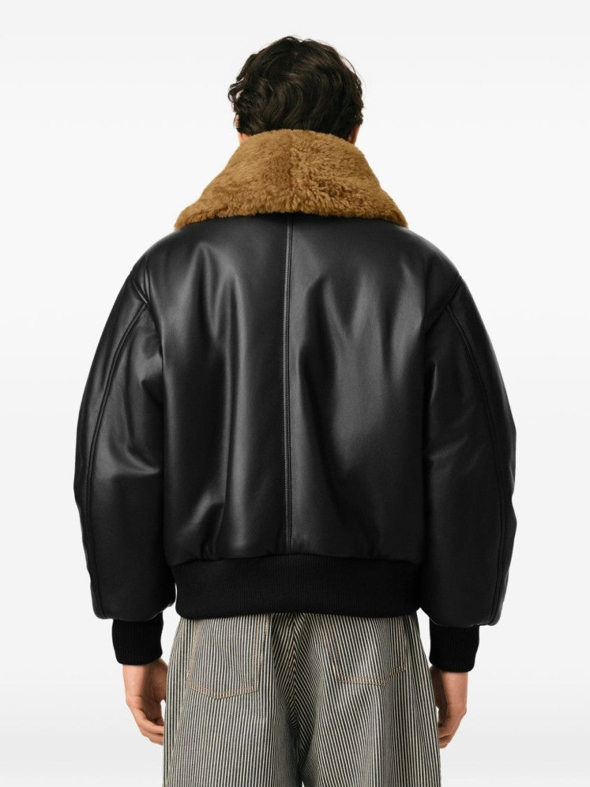 Ami Paris Voluminous Black Leather Jacket With Plush Shearling Collar