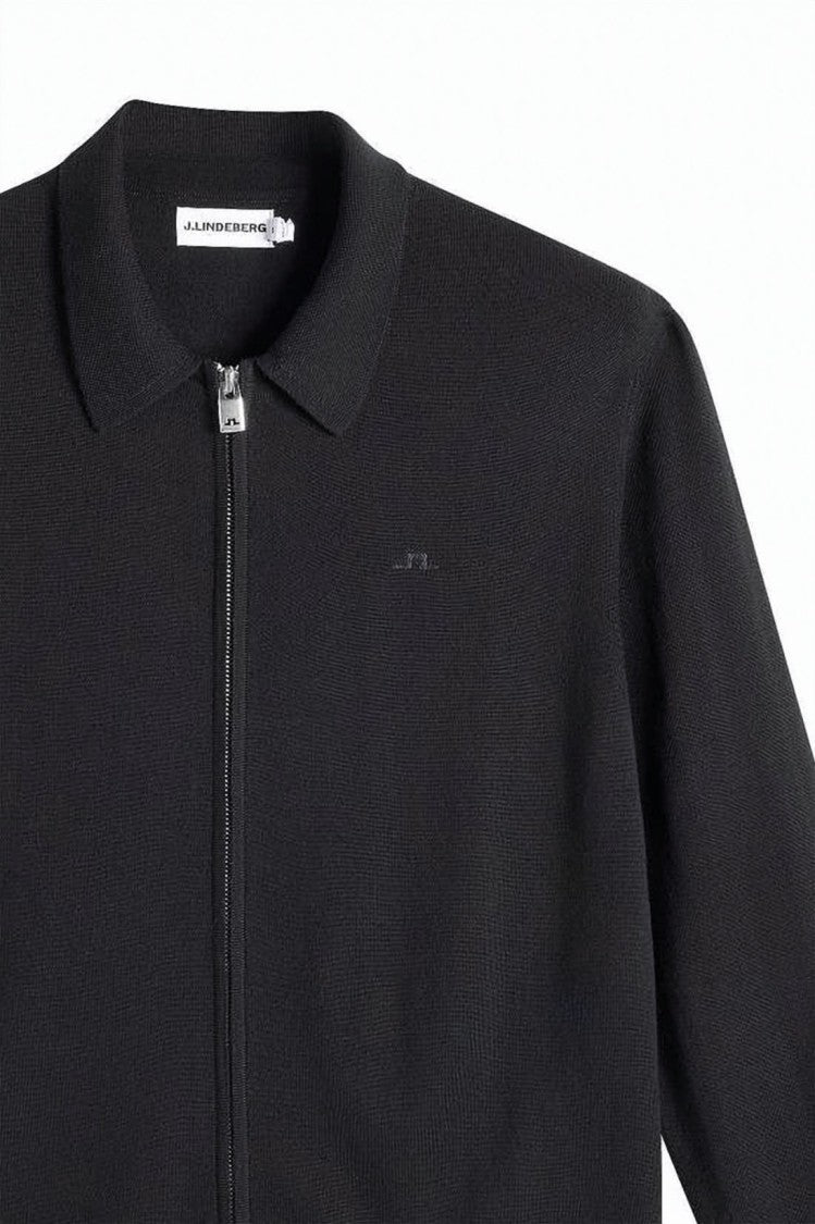 J Lindeberg Tailored Black Merino Wool Cardigan With Full Zip Closure