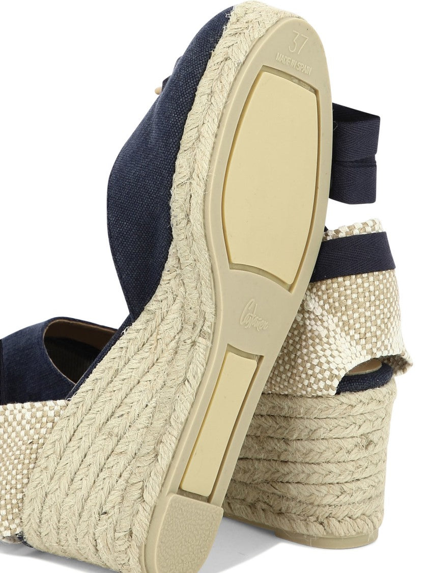 Castaner Navy Blue Organic Cotton Espadrilles With Jute Wedge And Ankle Ties