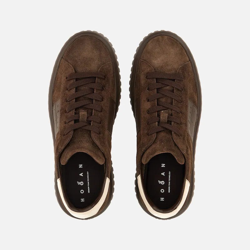 Hogan Dark Brown Suede Leather Embossed Low-Top Sneakers