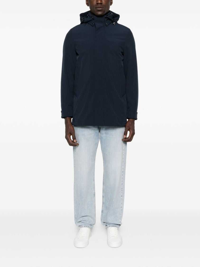 Woolrich Navy Blue Hooded Jacket With Concealed Fastening