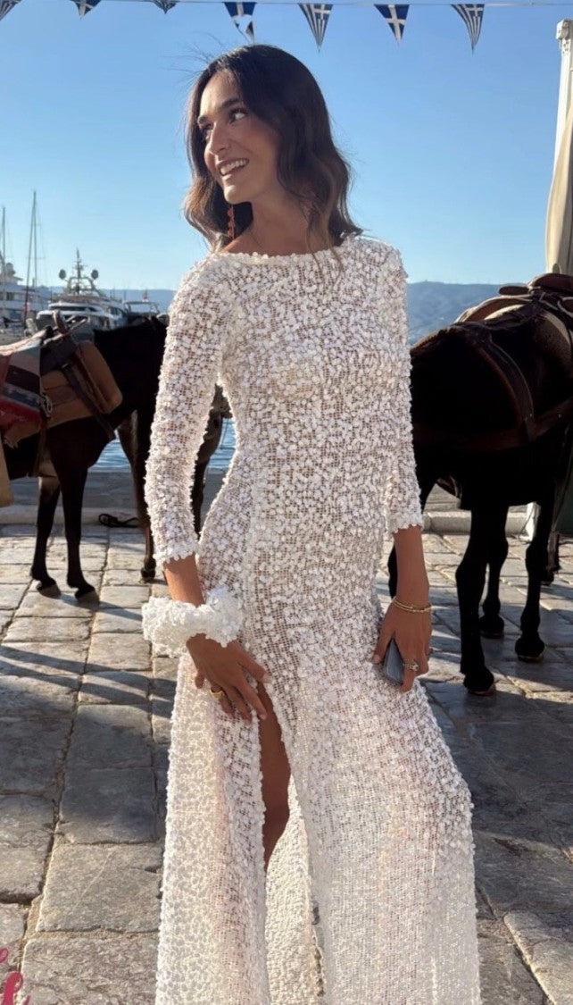Hawa Made From Love Full-Length White Sequin Maxi Dress With Alluring High Slit