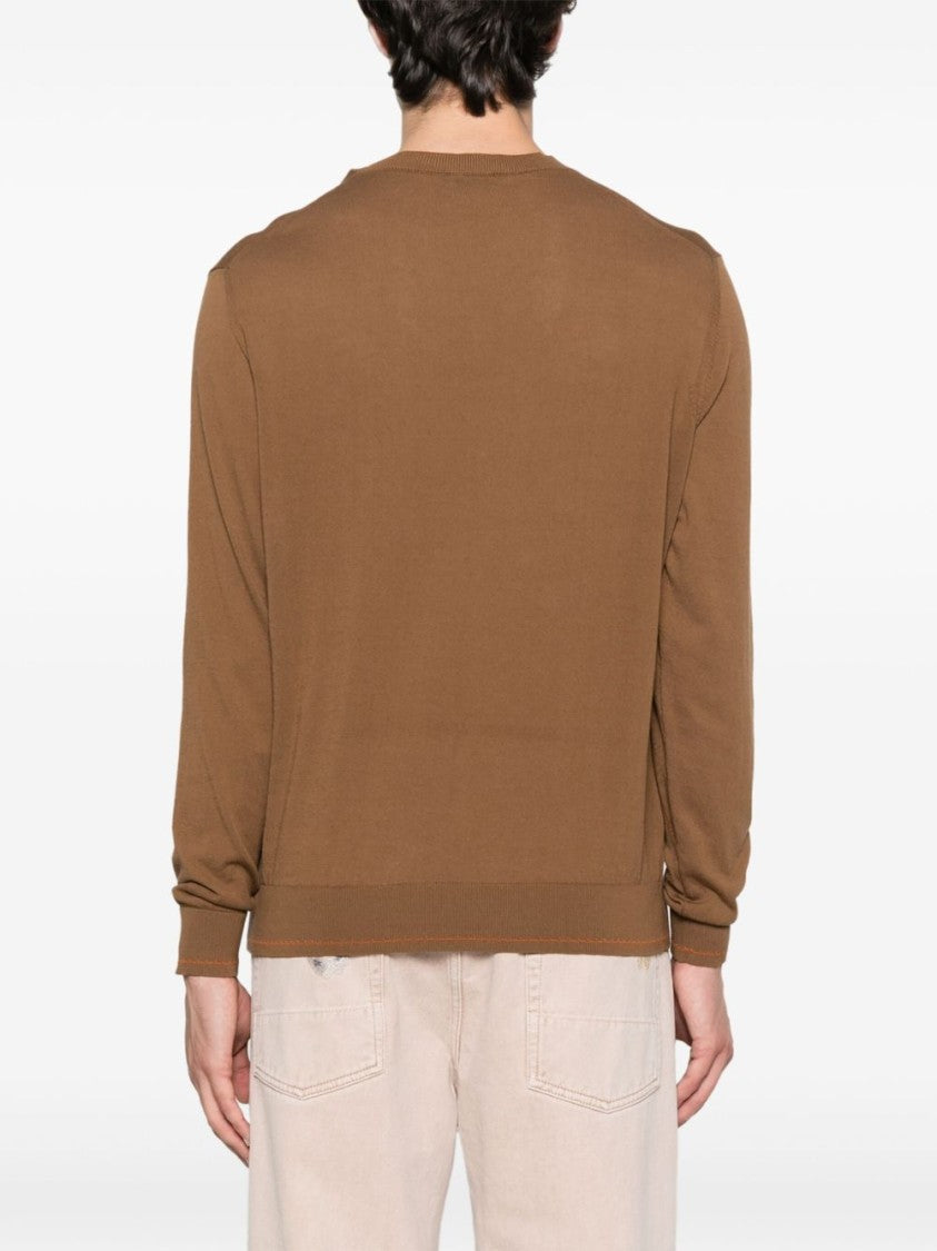 Etro Solid Brown Cotton Sweater With Crew Neckline