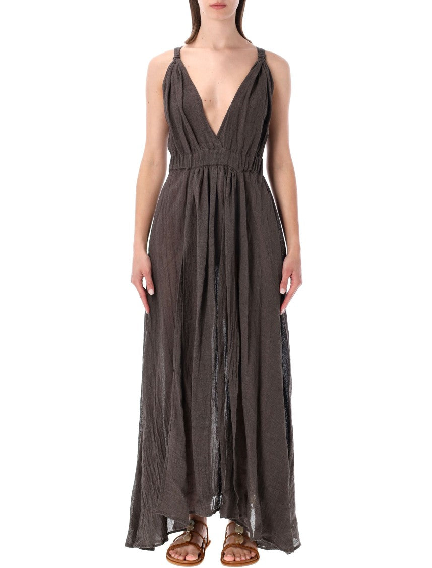 120% Lino Deep V-Neck Maxi Dress With Gathered Bodice