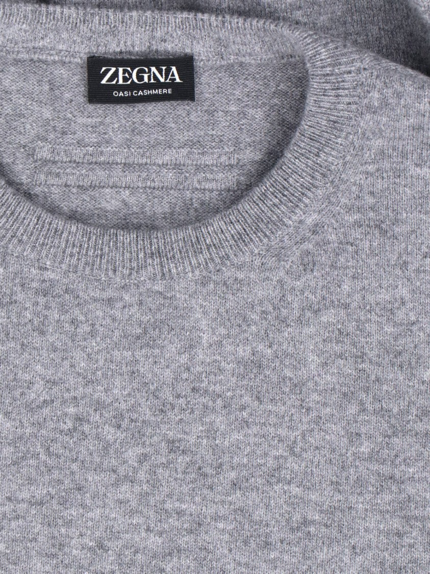 Zegna Cashmere Sweater Gray Crew Neck Ribbed Trim