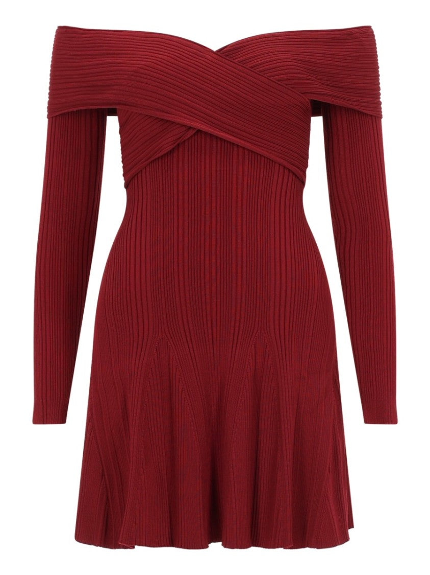 Self-Portrait Neutral Ribbed Knit Off-The-Shoulder Mini Dress