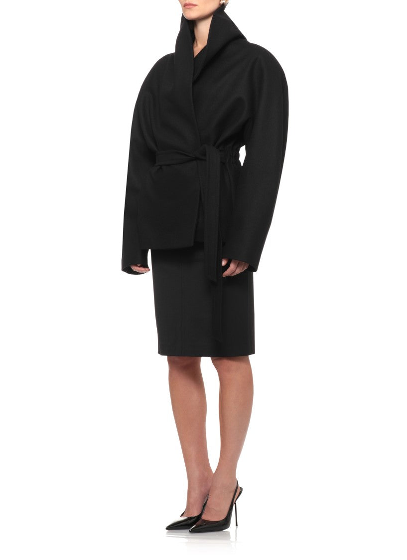 The Andamane Black High-Neck Belted Wool Blazer
