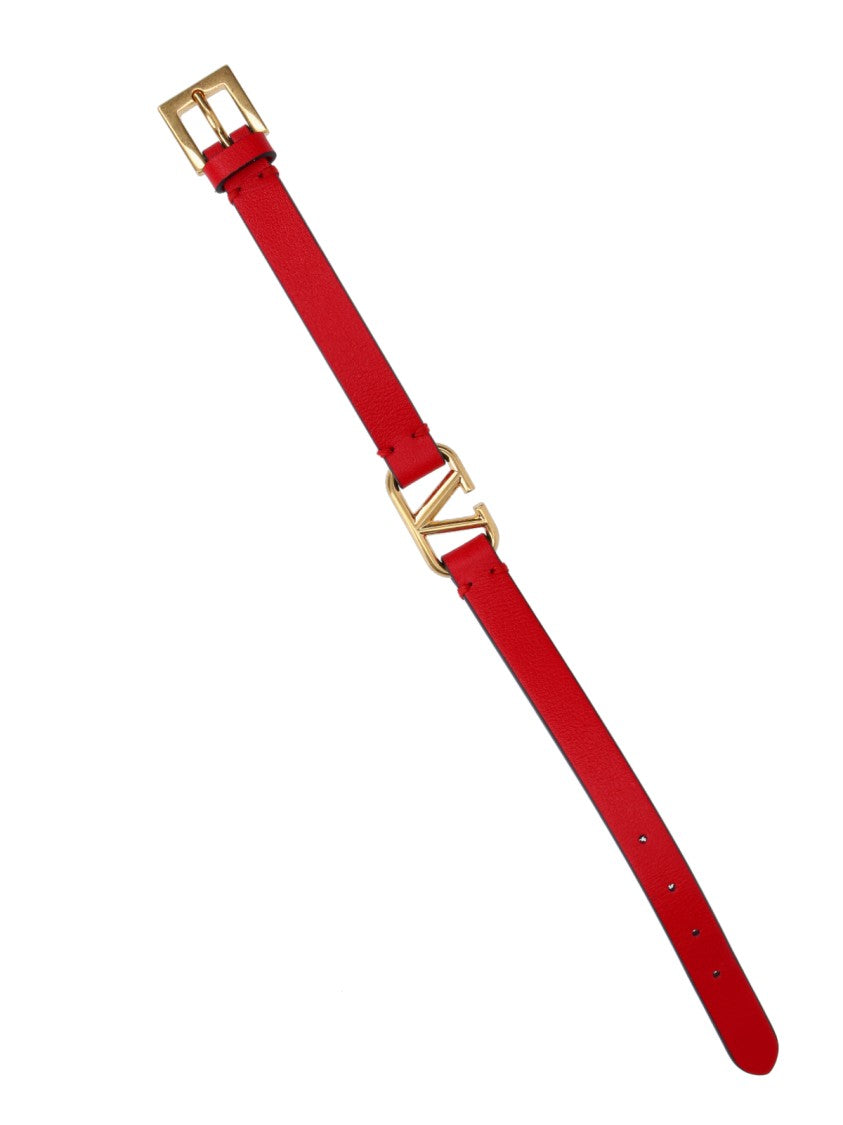 Valentino Garavani Narrow Red Leather Belt With Gold-Tone 'V' Centerpiece