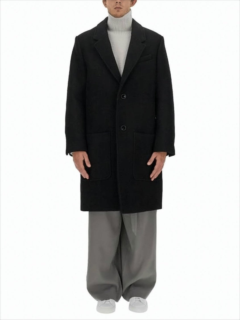 Ami Paris Classic Black Wool Ami Coat With Notched Lapel