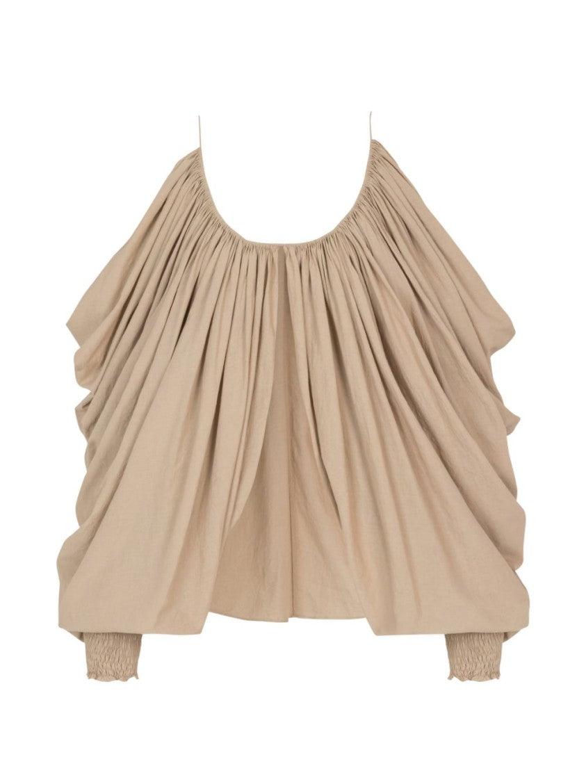 Balmain Beige Gathered Cut Out Cotton Top