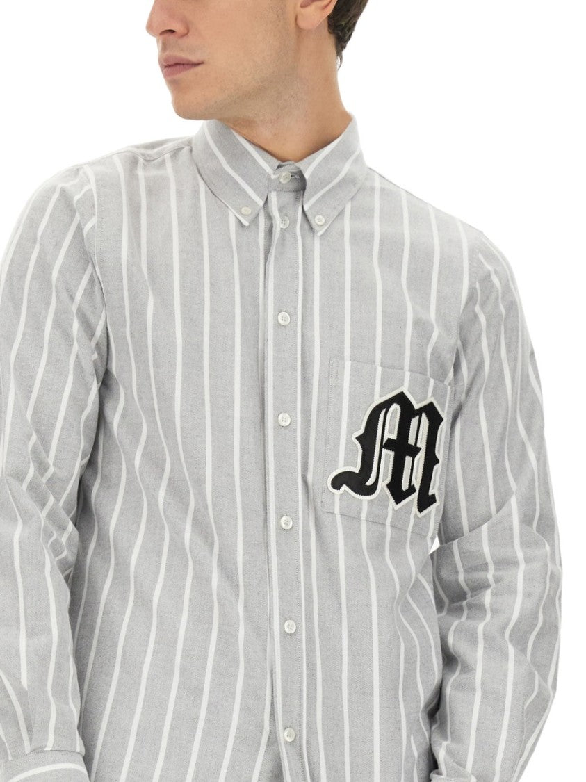 Msgm Vertical Striped Cotton Shirt With Logo Detail