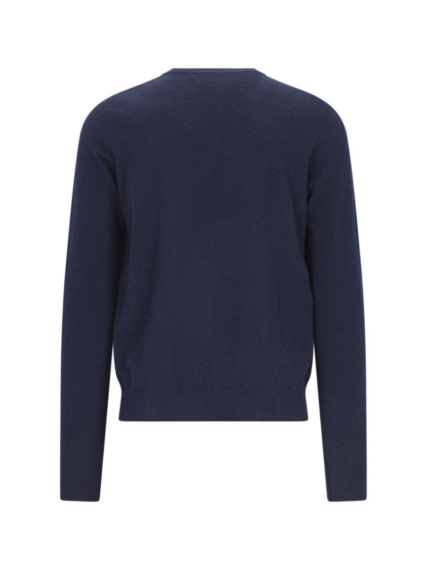 Ballantyne Navy Cashmere V-Neck Sweater With Ribbed Finishes