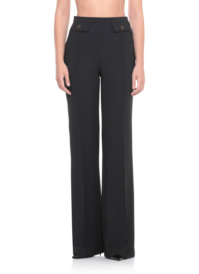 Elisabetta Franchi Tailored Black Crepe Pants With Logoed Flaps