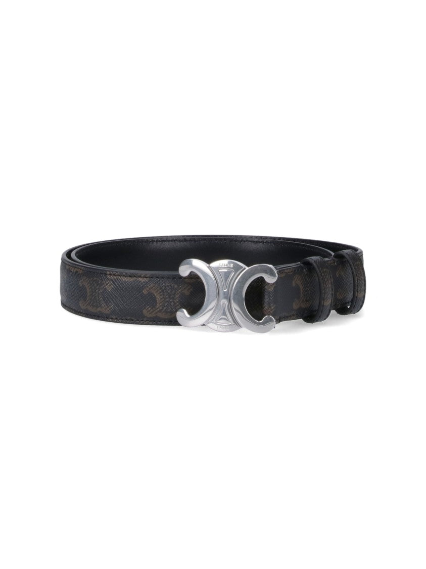 Céline Black Leather Belt With All-Over Triomphe Print And Silver Logo Buckle