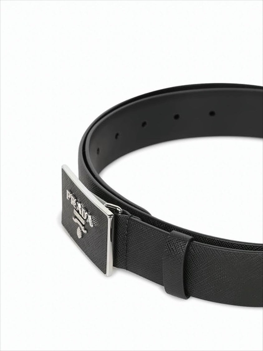 Prada Textured Black Leather Belt With Engraved Metal Buckle