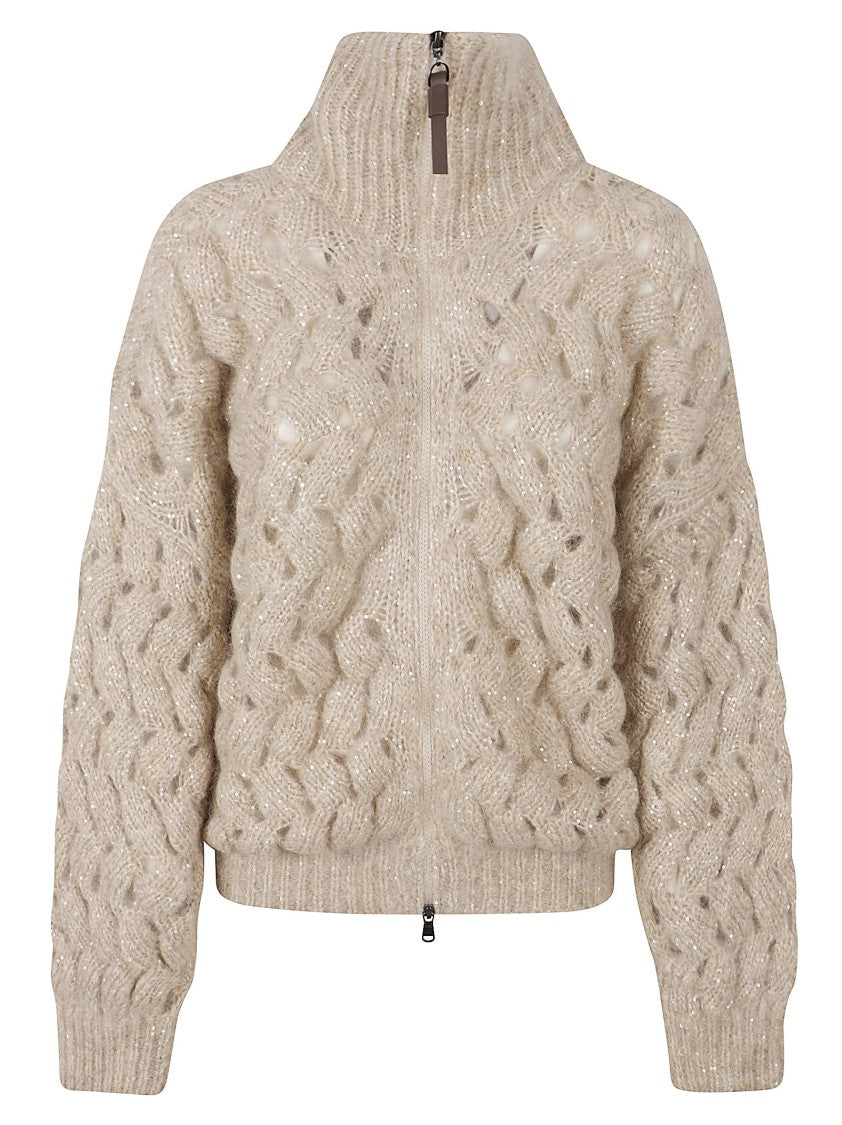 Brunello Cucinelli Chunky Cable Knit Sweater With High Ribbed Collar And Subtle Sequins