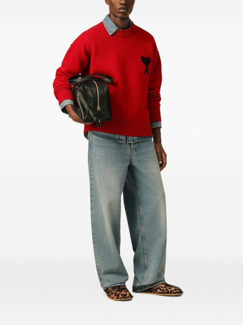 Ami Paris Boxy Fit Red Knit Sweater With Embroidered Heart Detail