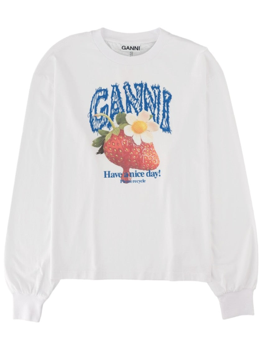 Ganni Strawberry Graphic Long-Sleeve Cotton Top