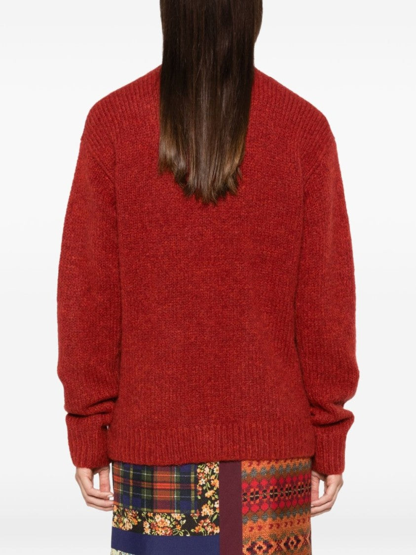Dries Van Noten Red Loose Fit Deep V-Neck Knit Cardigan