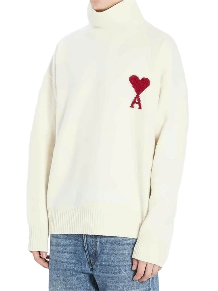Ami Paris White Wool Turtleneck Sweater With Heart Emblem
