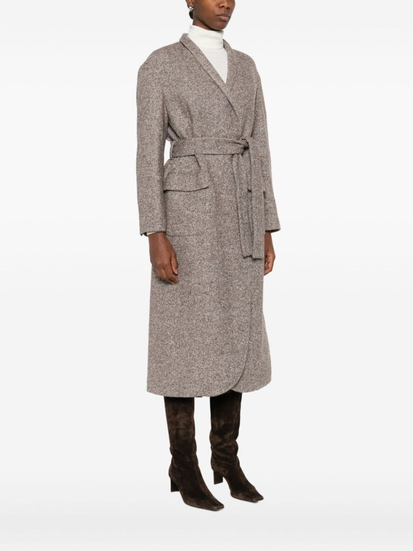 Brunello Cucinelli Textured Brown Long Coat With Shawl Collar And Matching Belt