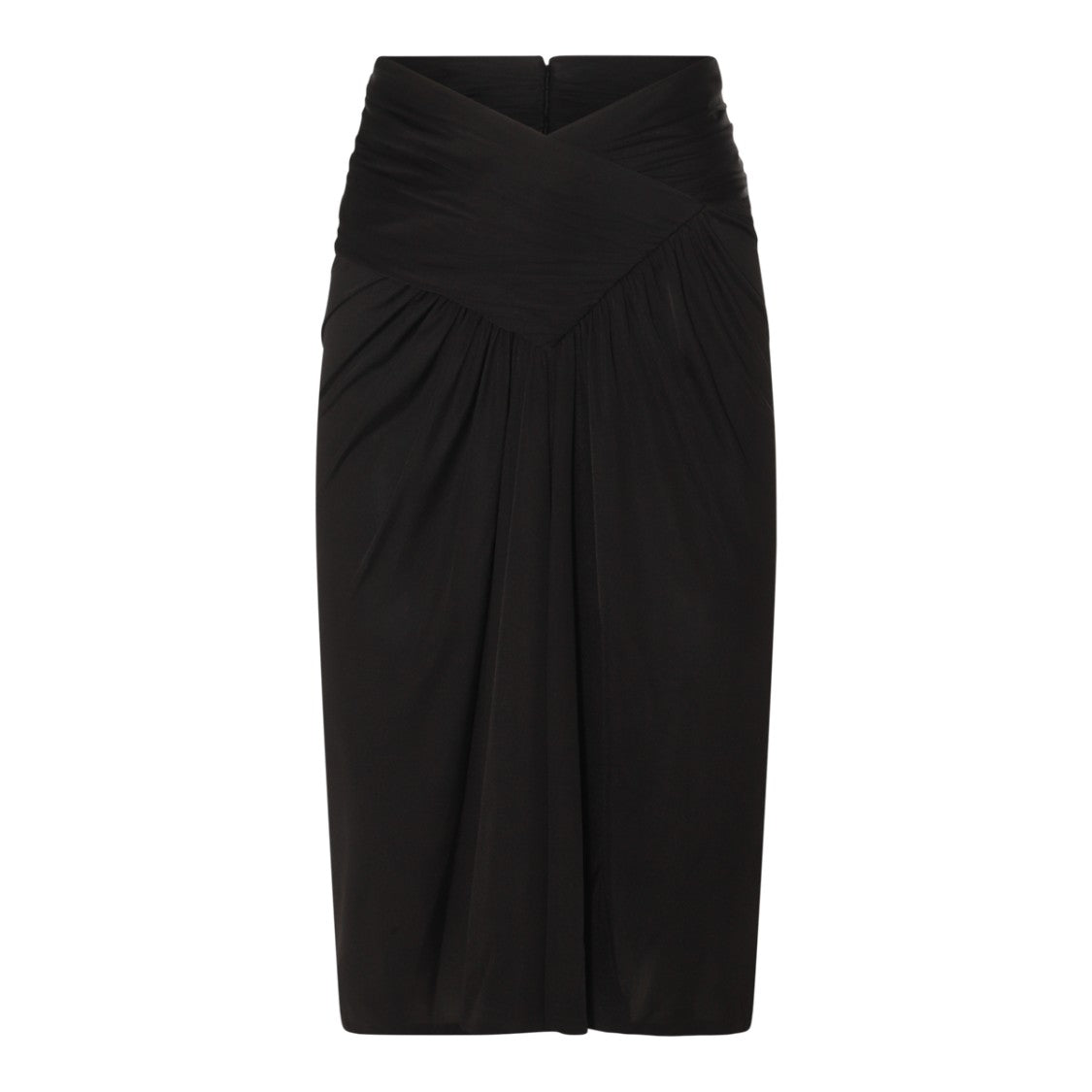 Saint Laurent Black Viscose Midi Skirt With V-Shaped Gathered Detail