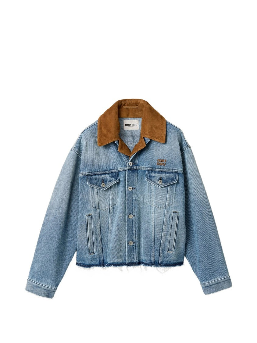 Miu Miu Light Blue Denim Leather Collar Jacket