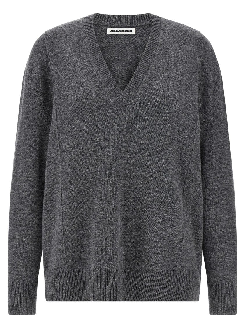 Jil Sander V-Neck Cashmere Blend Sweater With Dropped Shoulders And Ribbed Finish