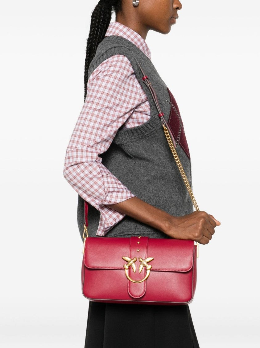 Pinko Structured Red Calfskin Shoulder Bag With Gold Clasp