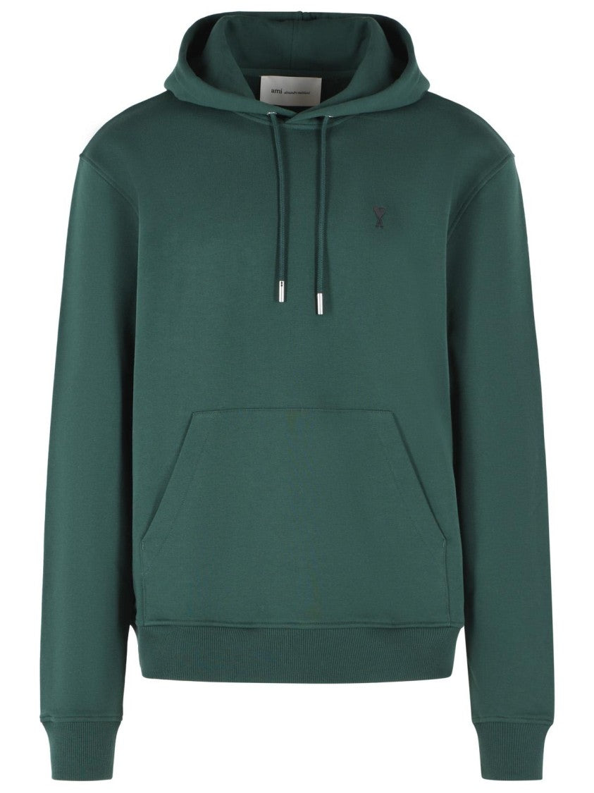Ami Paris Green Cotton Sweatshirt With Drawstring Hood