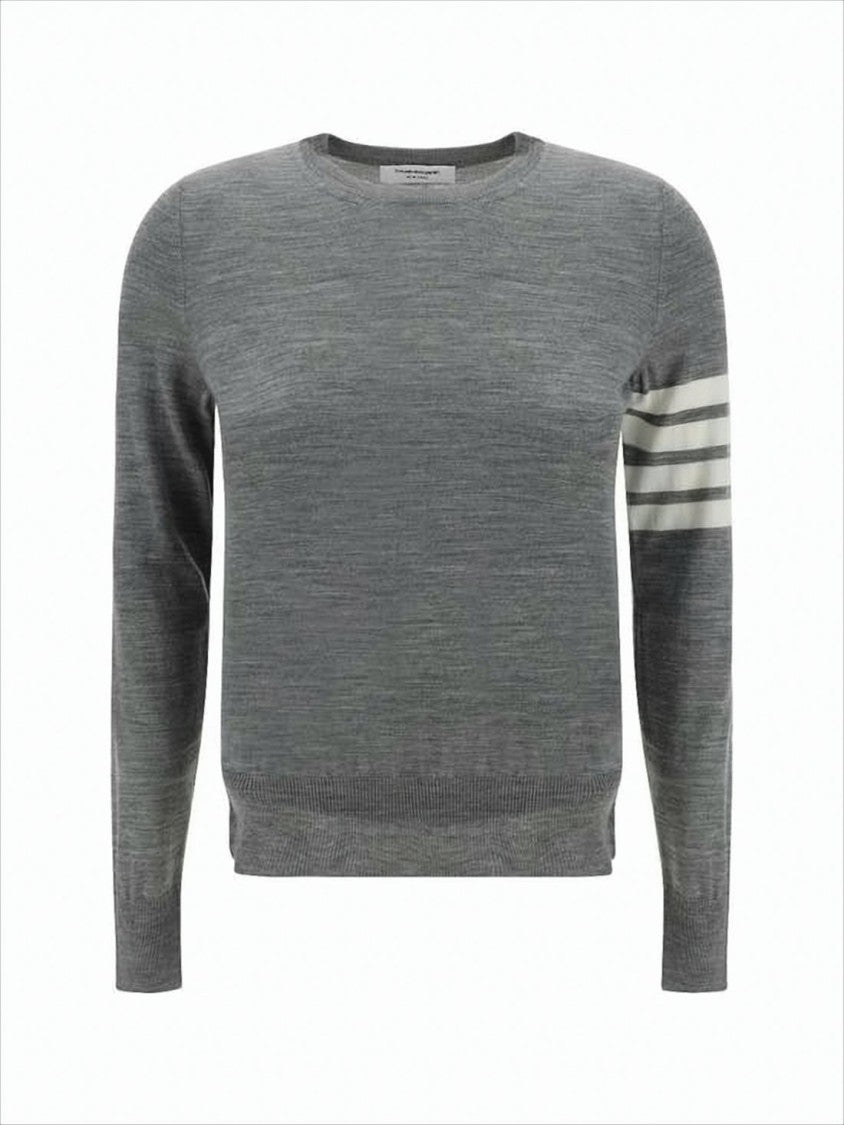 Thom Browne Heathered Grey Knit Sweater With Tricolor Tab And Striped Detail