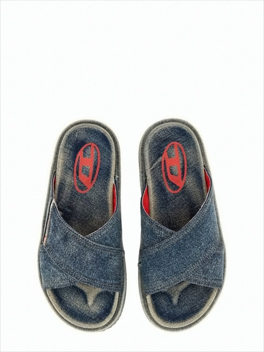 Diesel Denim-Textile Slip-On Mules With Vintage Wash Effect
