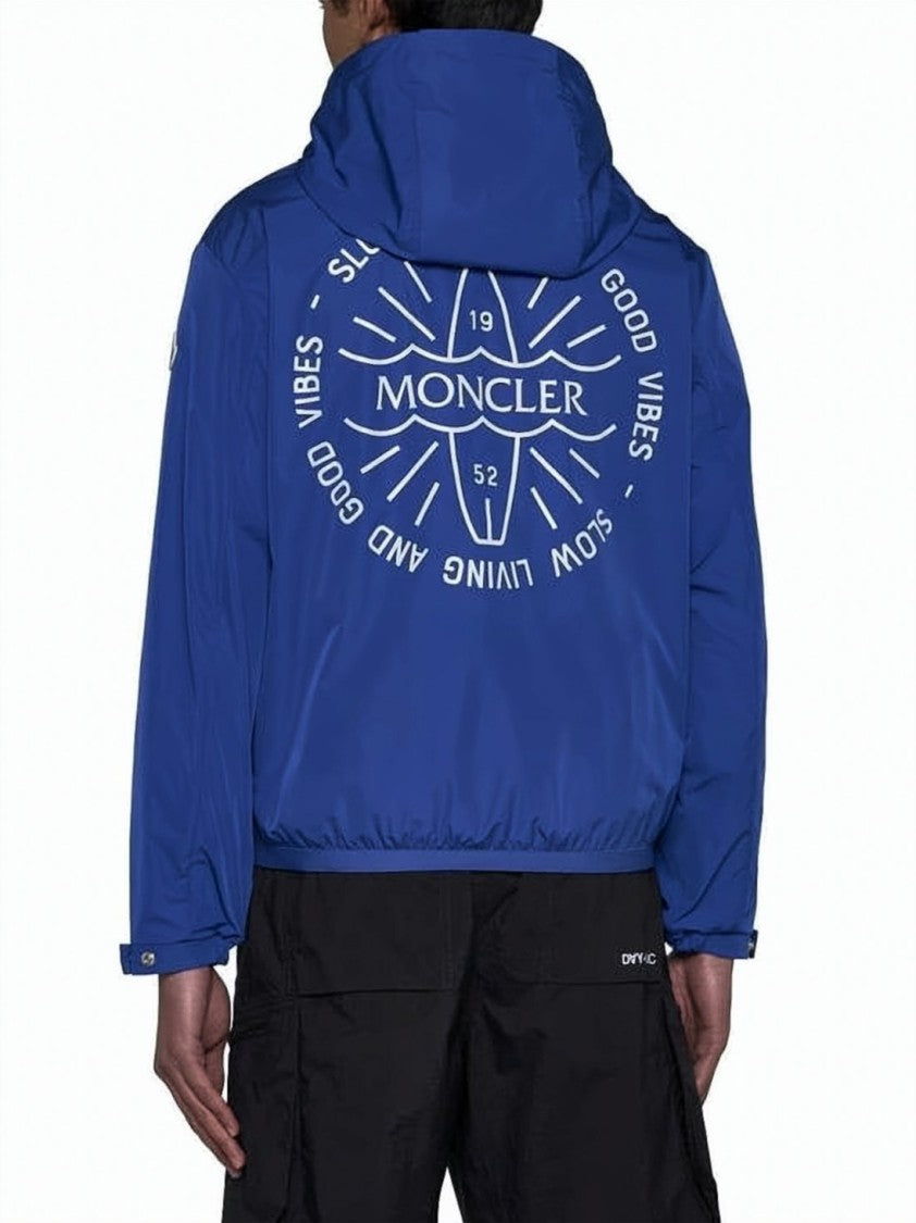 Moncler Cropped Blue Jacket With Graphic Print Design