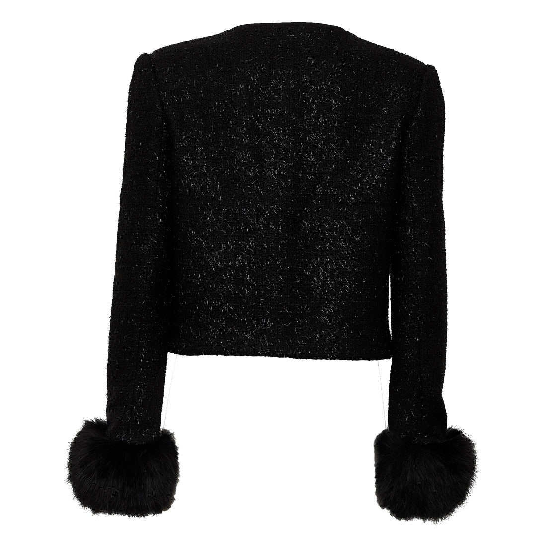 Self-Portrait Black Metallic Boucle Faux Fur Cuff Jacket