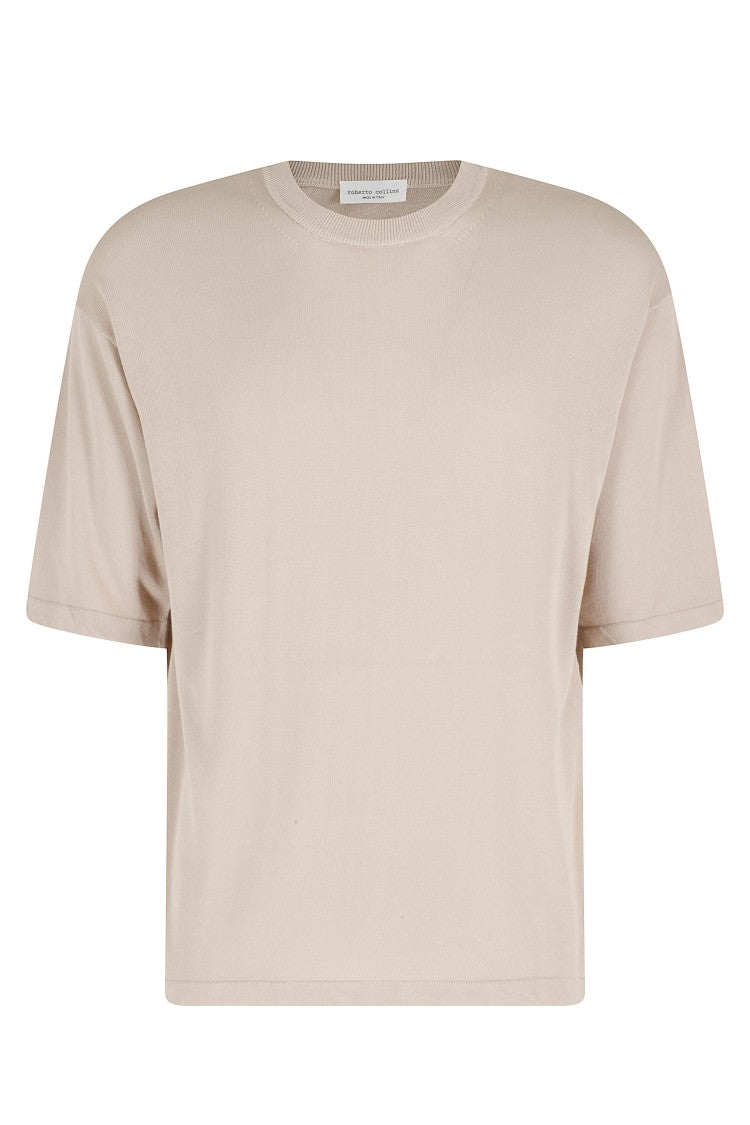 Roberto Collina Beige Crepe Short Sleeve Ribbed Trim Cotton T-Shirt
