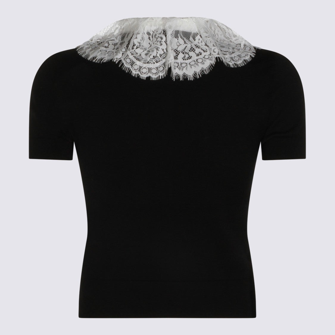Self-Portrait Fitted Short-Sleeve Sweater With Lace Collar And Pearl Accents