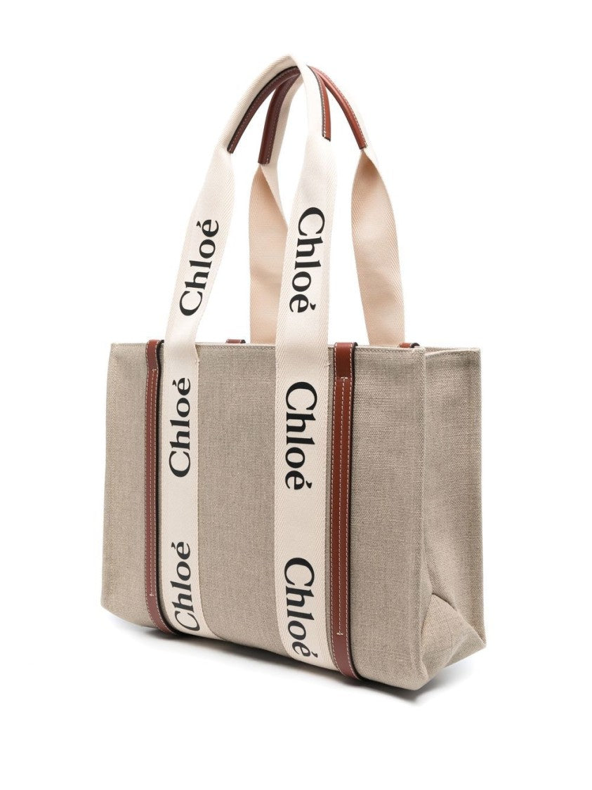 Chloé Beige Woody Medium Linen Tote Bag
