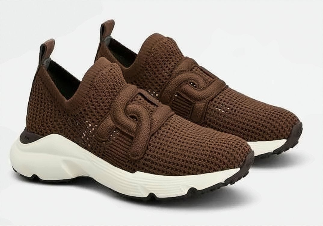 Tod's Sporty Brown Knitted Sneakers With Rubber Sole