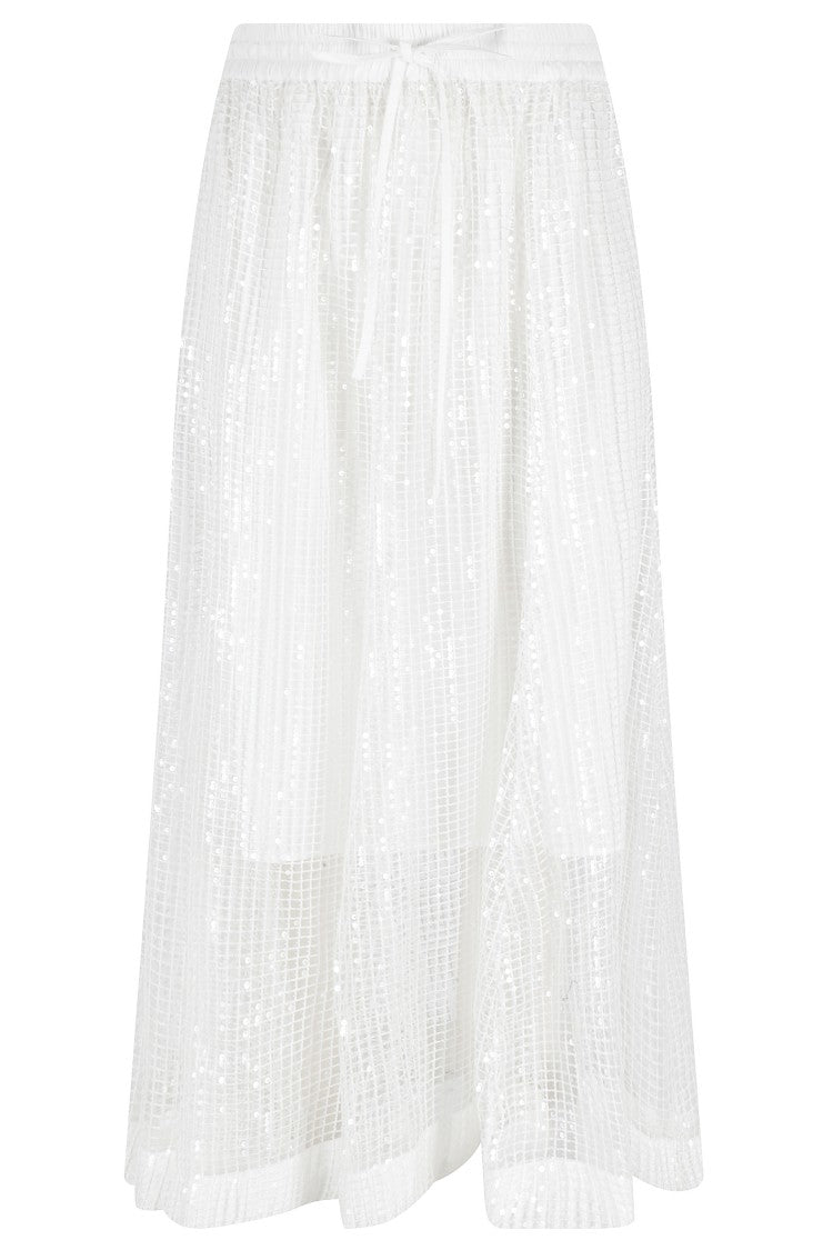 Meimei J. White Sequin Appliques Mesh Elastic Waistband Polyester Midi Skirt