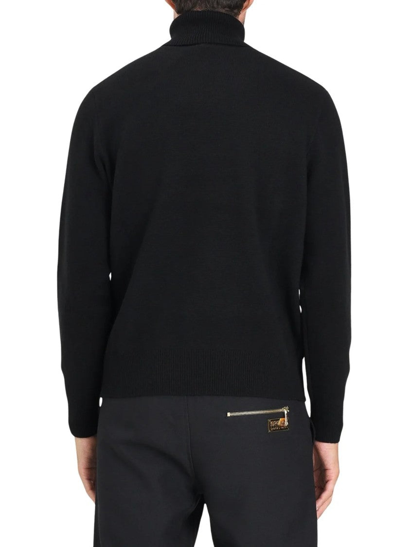 Versace Jeans Couture Black Logo Detail Wool-Blend High-Neck Sweater
