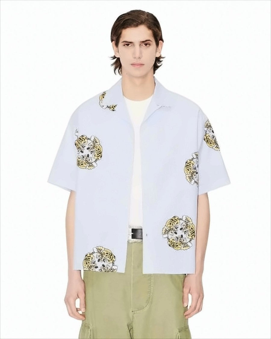 Kenzo Short-Sleeved Light Blue Shirt With Tiger Motifs
