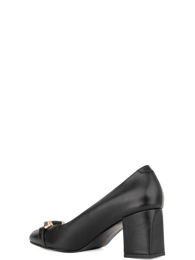 Sergio Moretti Black Gold-Tone Buckle Leather Low-Heel Pumps