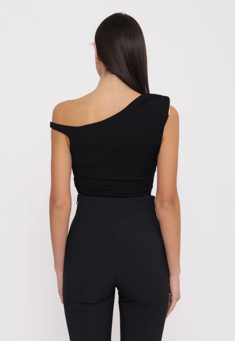 Elisabetta Franchi Black One-Shoulder Mesh Panel Viscose-Blend Bodysuit