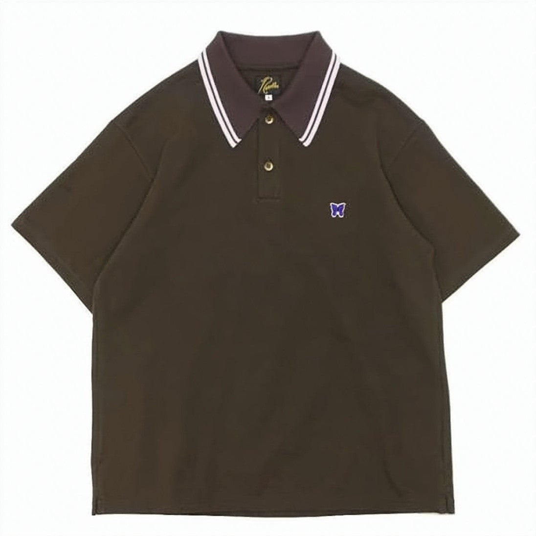 Needles Solid Dark Brown Polo Shirt With Striped Accents