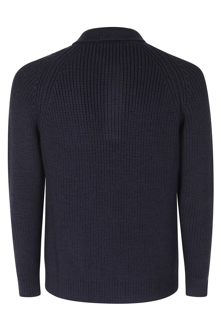 Circolo 1901 Dark Navy English Rib Knit Wool Polo Sweater