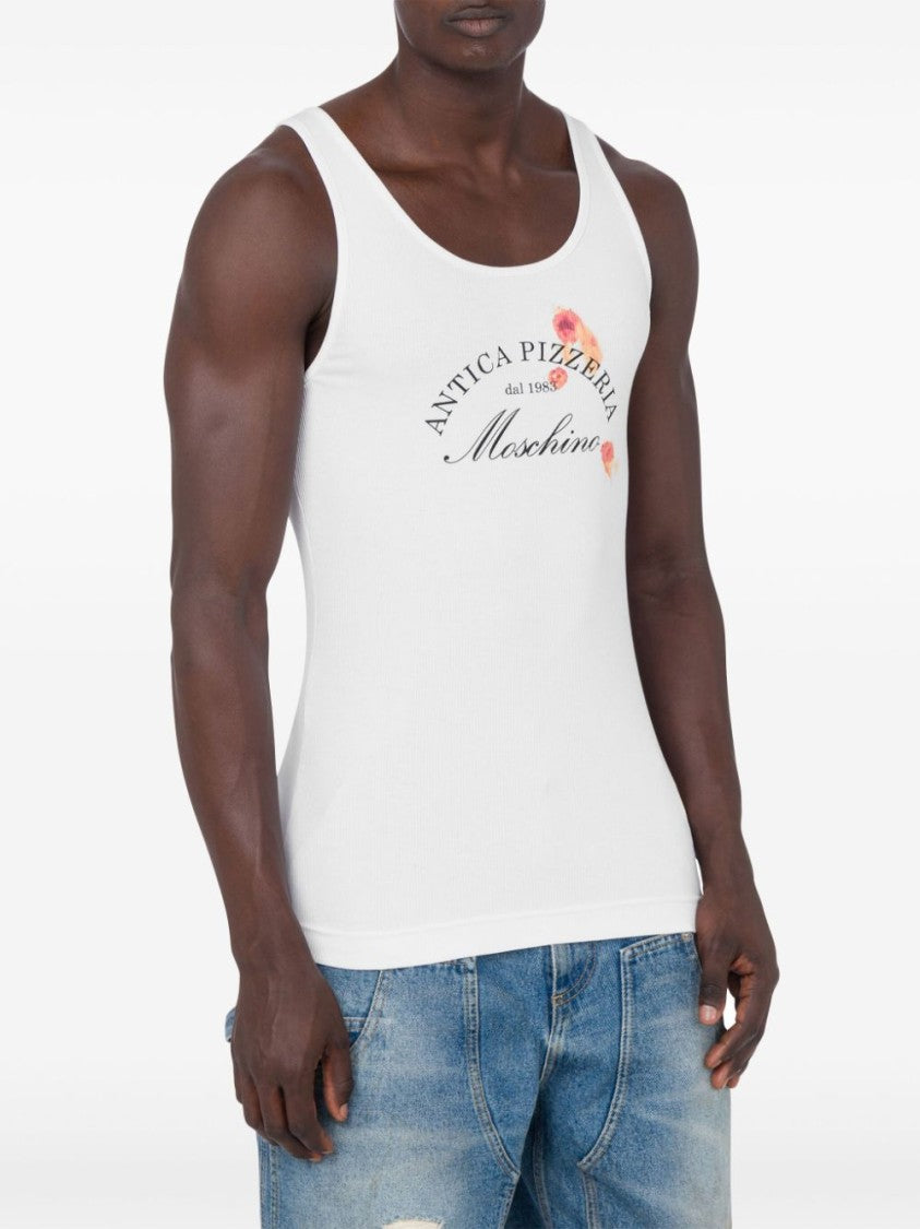 Moschino White Fine Ribbed Racerback Slogan Tank Top